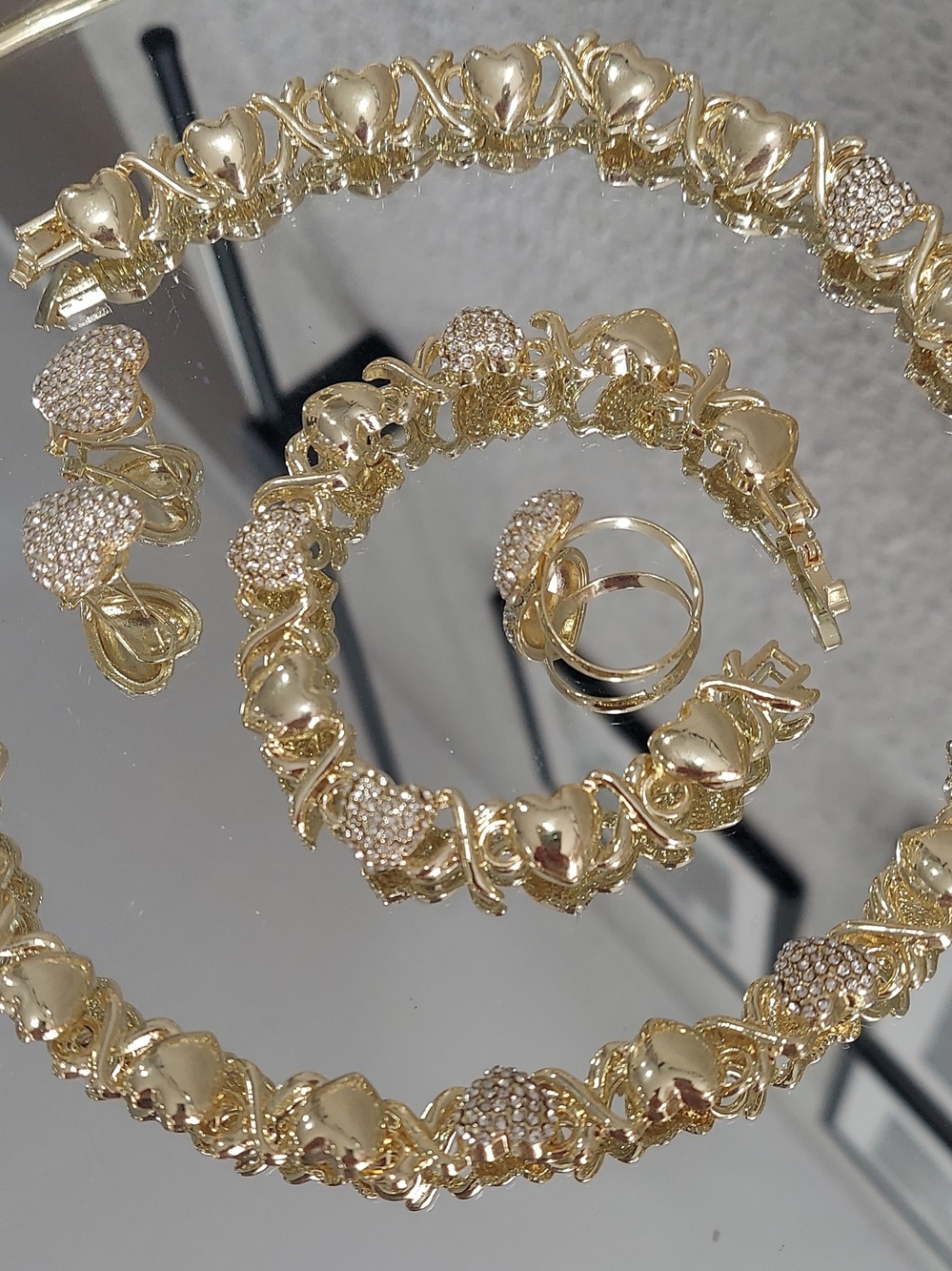 14K Gold-Plated Set — 4 Pieces: Choker, Bracelet, Ring, and Earrings. Featuring